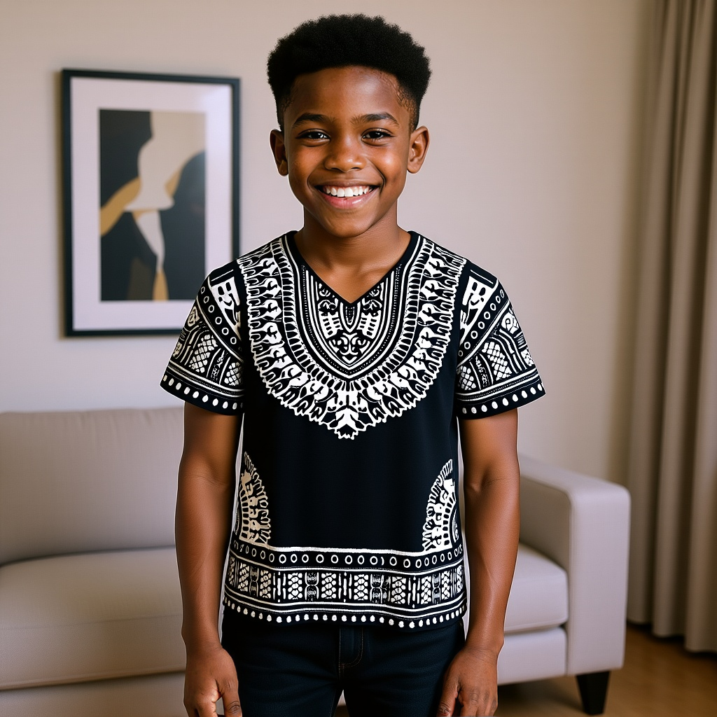 Kids Black/White African Print Dashiki Top (10T)