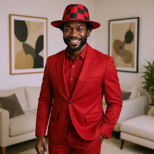 Red Checkered Tie Dye Wide Brim Felt Fedora Panama Hat