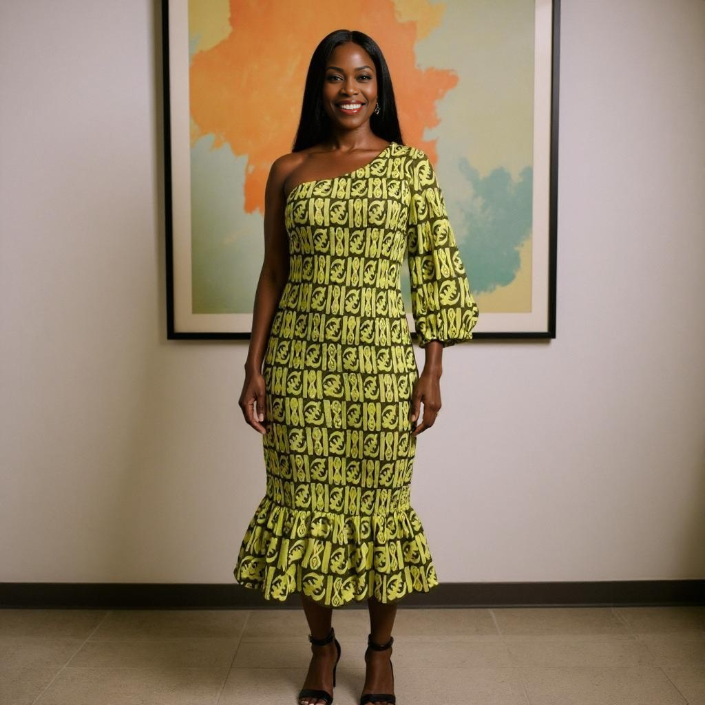 Universal One-Shoulder African Print Midi Dress