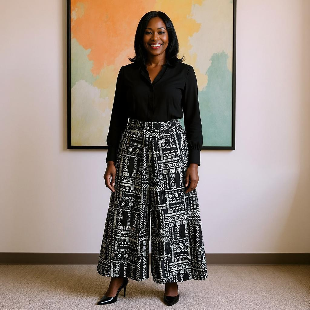 Women's Black Mudcloth Print Palazzo Pants