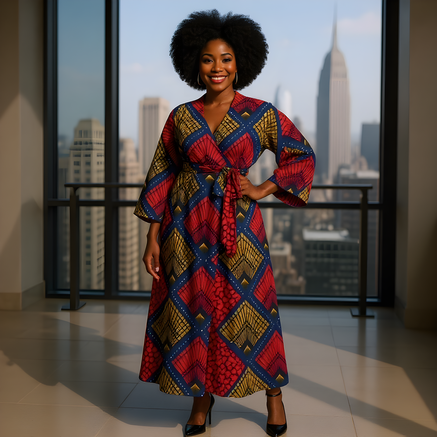 Bold African Red-Blue Diamon Print Wrap Dress