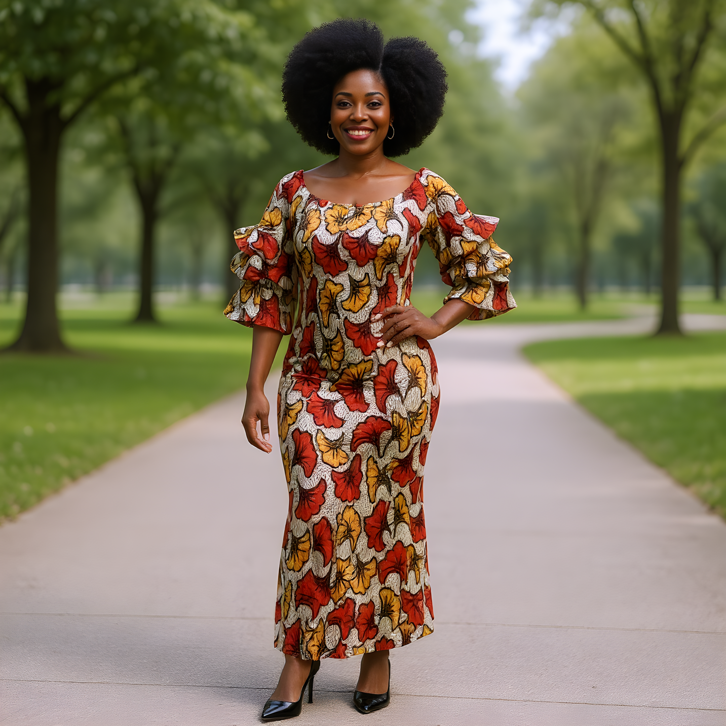 African Floral Print Smocked Bodycon Dress