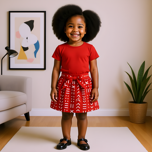 Ankara Print Red Mud Cloth Skirt for Toddler Girls (Small)