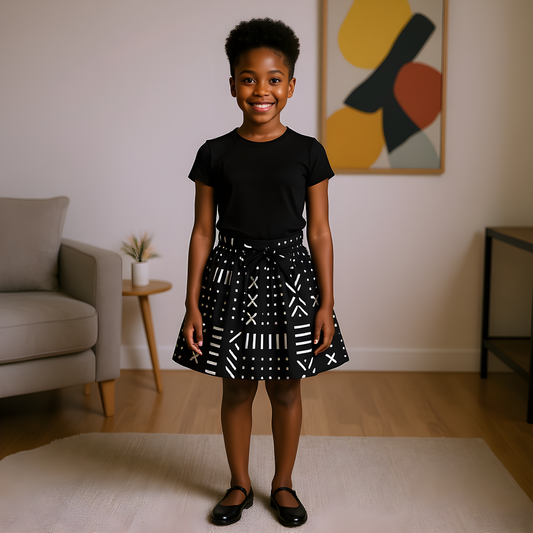 Ankara African Black-White Mud Cloth Print Skirt for Girls (XL)