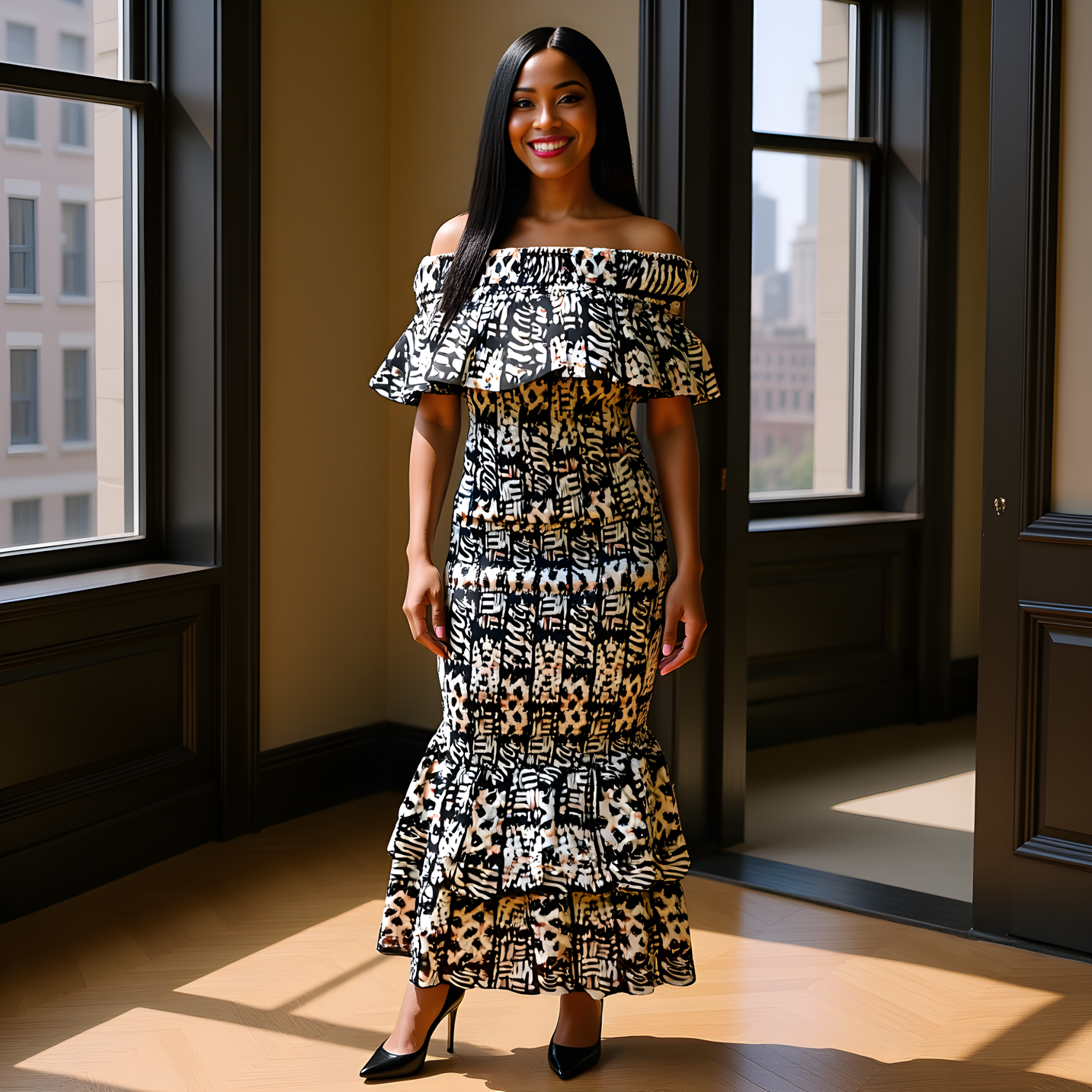 African Black/Light Blue Print 2pc Top and Long Mermaid Skirt Set