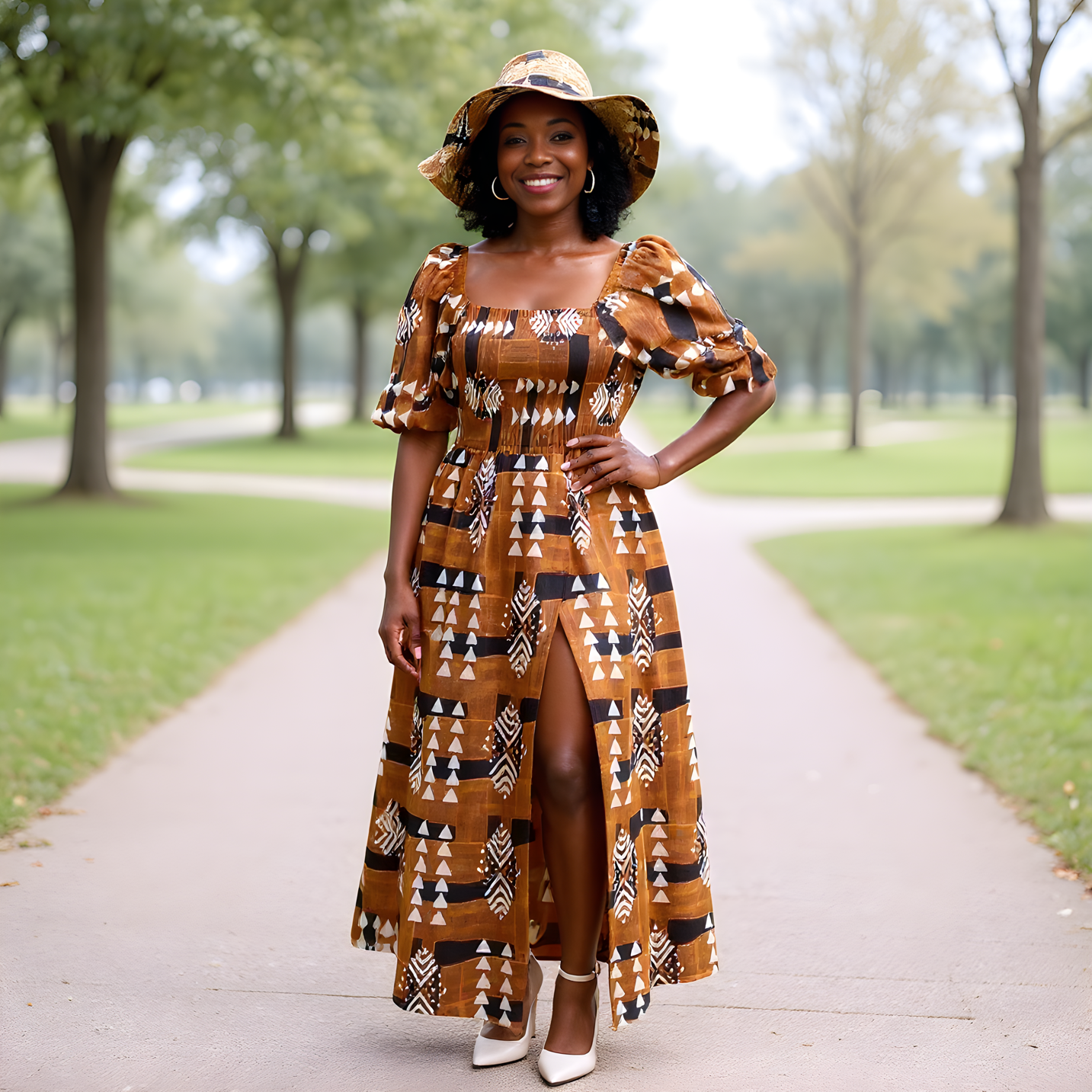 3pc Rich Brown African Slit Dress and Hat Set