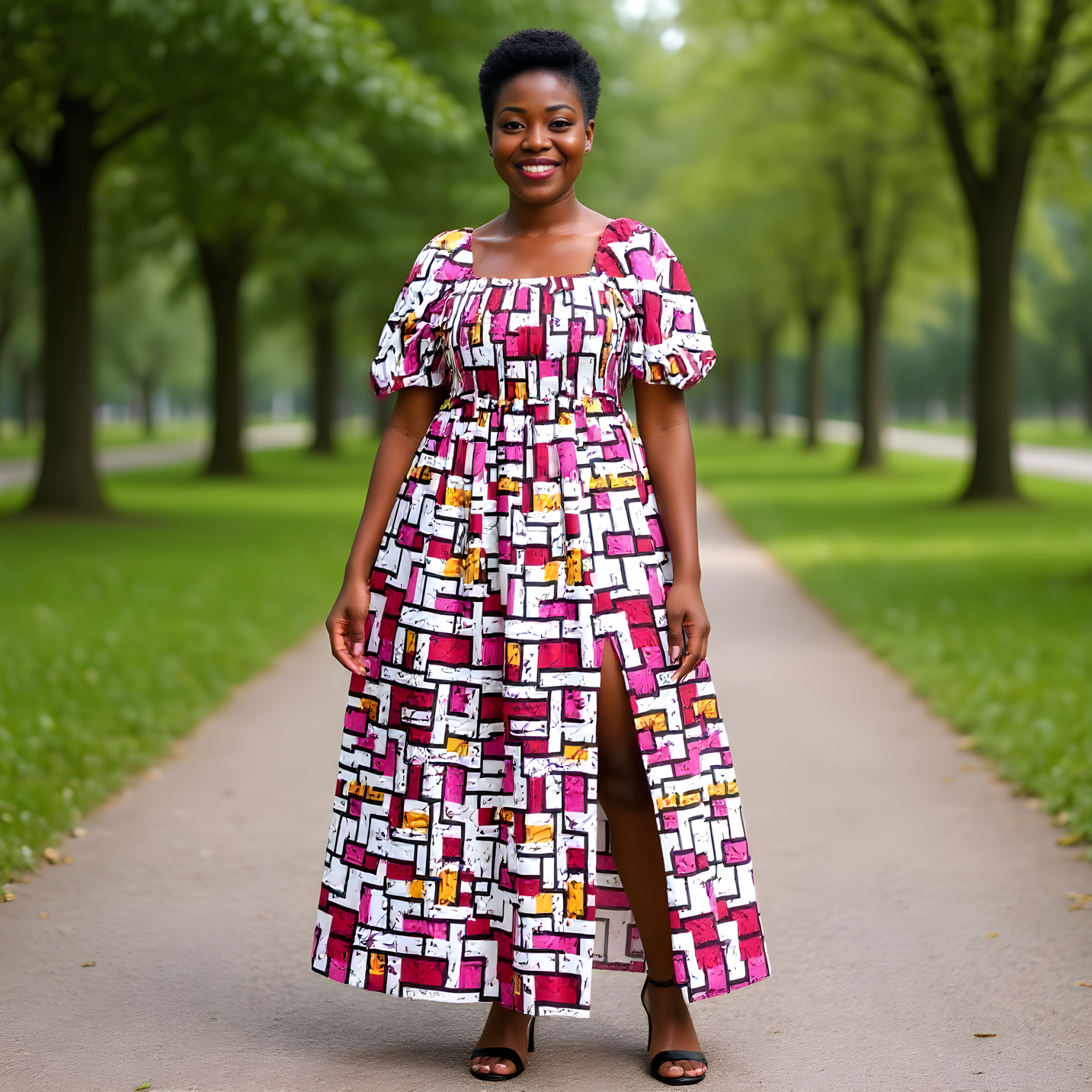 3pc Pink/White/Black African Slit Dress and Hat Set