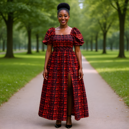 3pc Red Print African Slit Dress and Hat Set