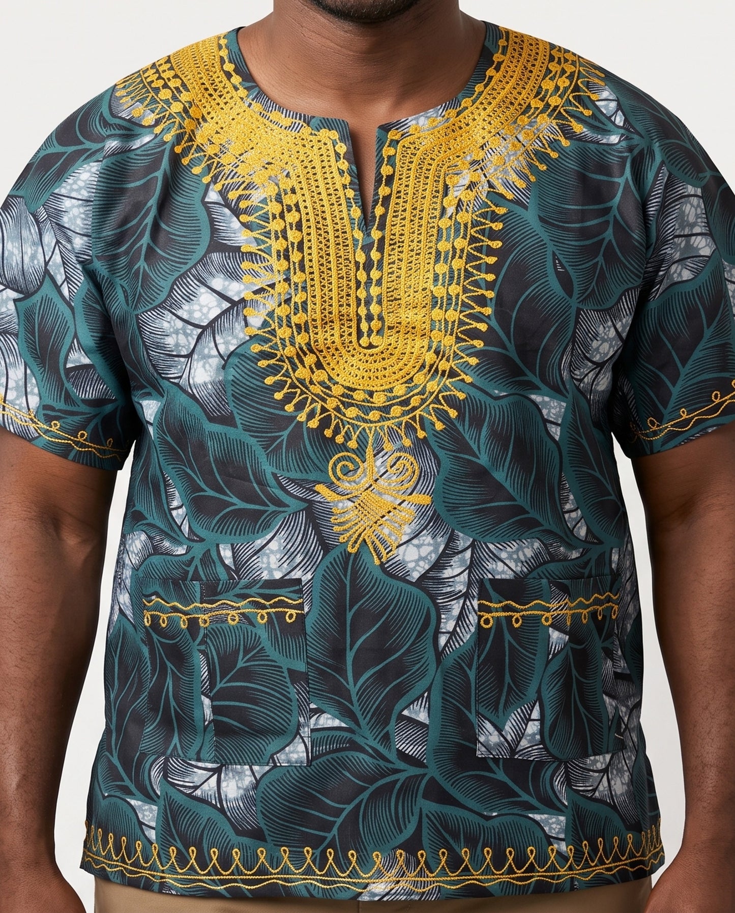 Traditional African Dashiki Shirt – Teal, Gray, Gold & Black