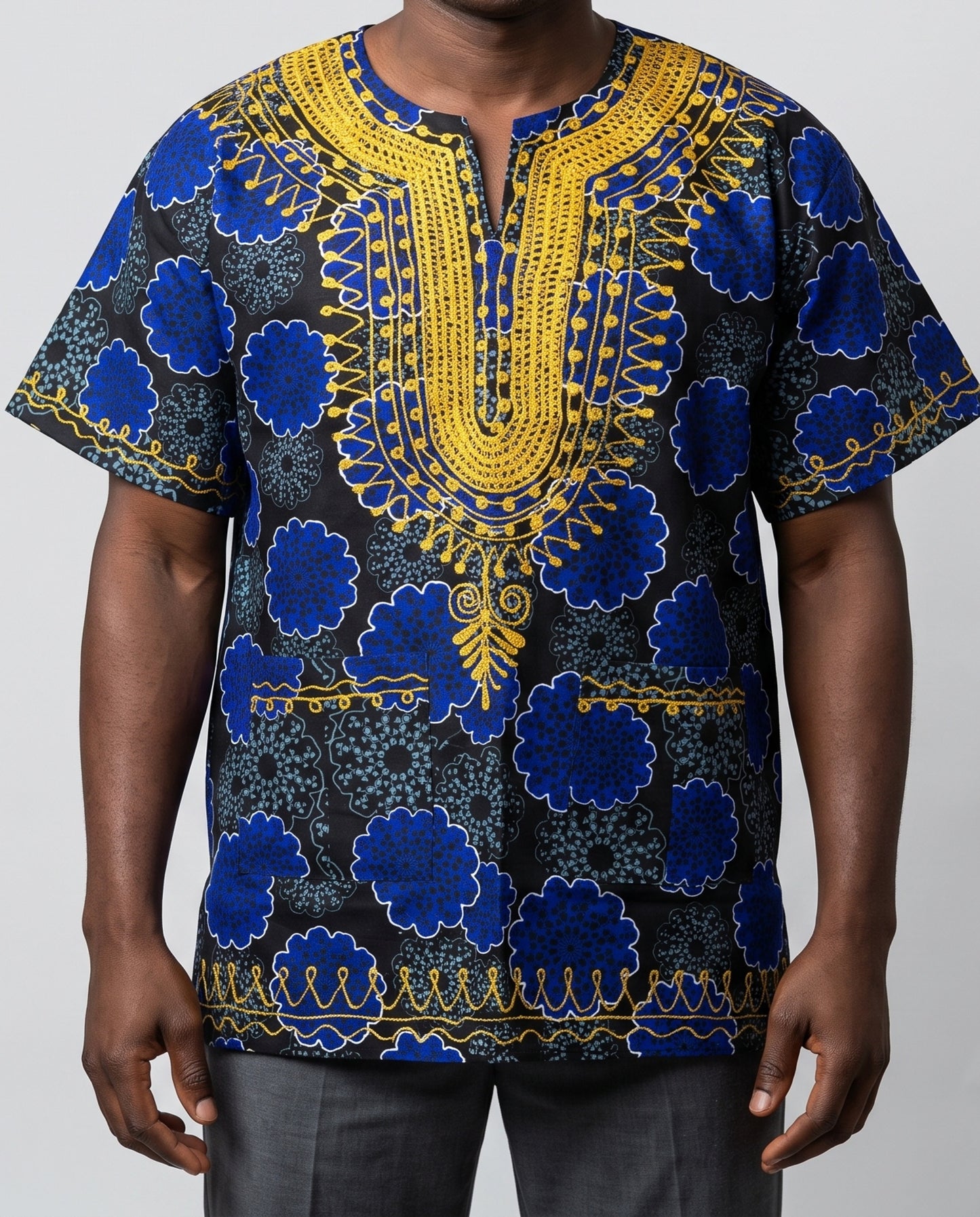 Traditional African Dashiki Shirt – Royal Blue, Gold & Black