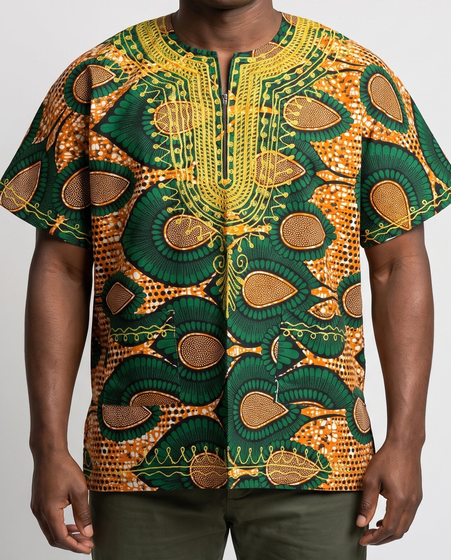 Traditional African Dashiki Shirt – Green, Gold & Orange