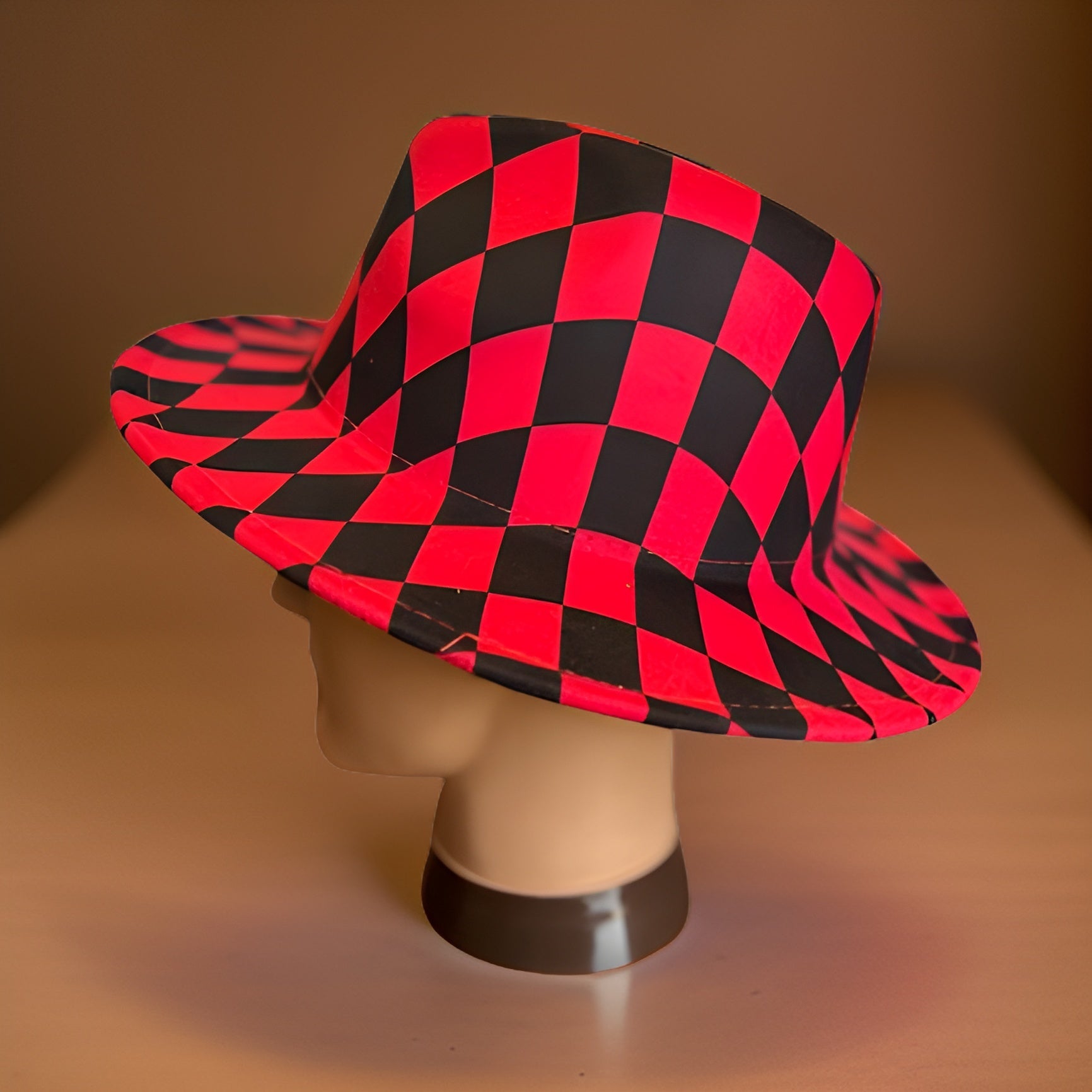 Red Checkered Tie Dye Wide Brim Felt Fedora Panama Hat - Premium Other Accessories from MAGOS - Just $24! Shop this and more Other Accessories now