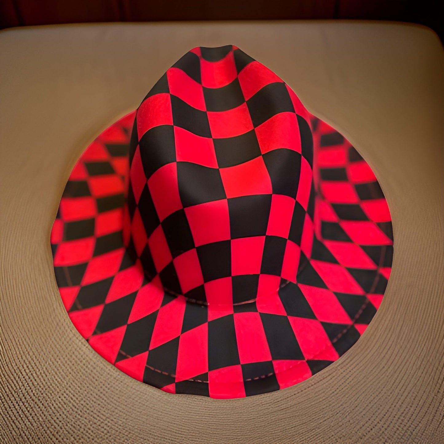 Red Checkered Tie Dye Wide Brim Felt Fedora Panama Hat - Premium Other Accessories from MAGOS - Just $24! Shop this and more Other Accessories now