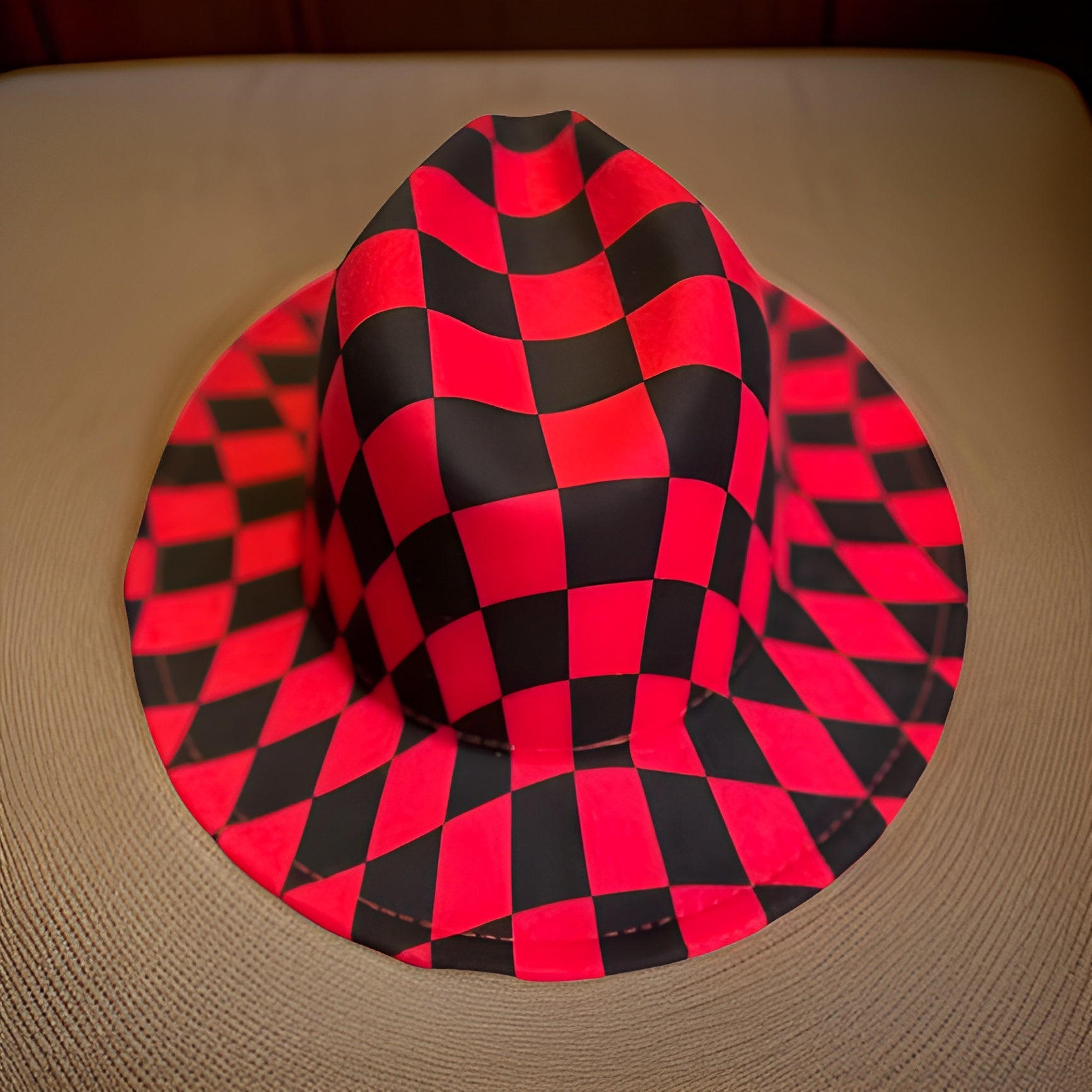 Red Checkered Tie Dye Wide Brim Felt Fedora Panama Hat - Premium Other Accessories from MAGOS - Just $24! Shop this and more Other Accessories now