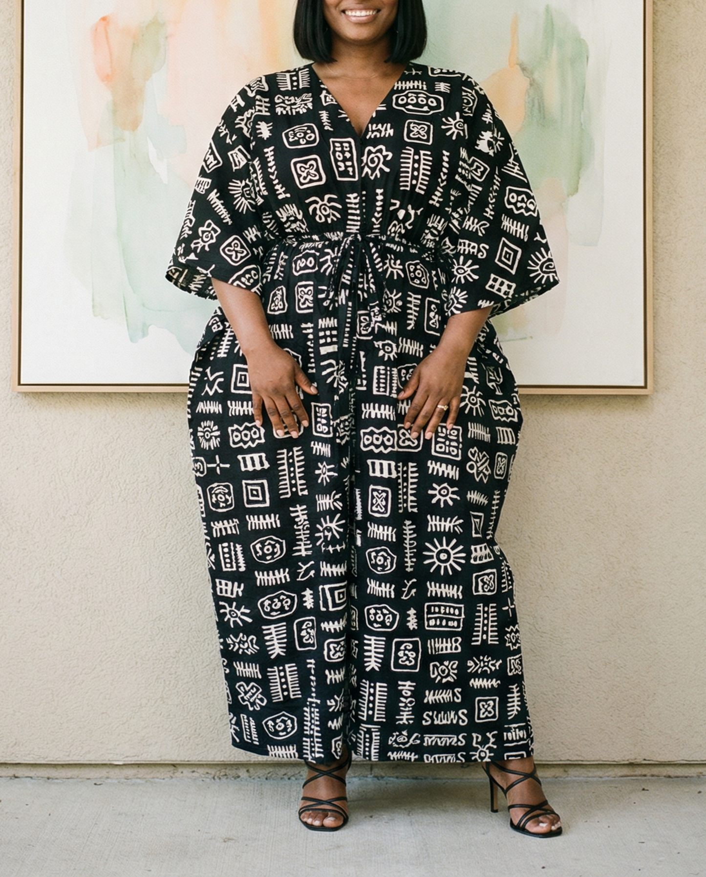 Black & White African Print Kaftan Maxi Dress