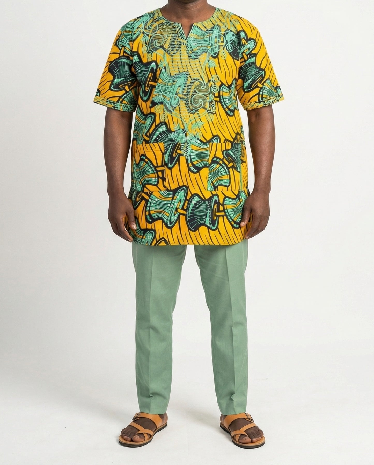 Men’s Bold Ankara Dashiki Shirt – Yellow & Green African Print Top