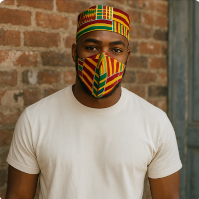 Green/Yellow/Red/ Kente Print African Kufi Hat with Matching Mask