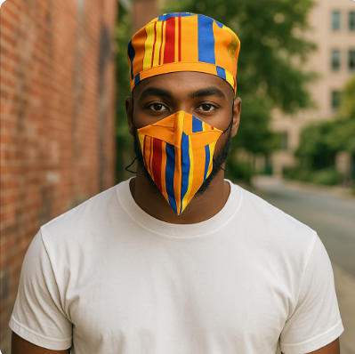 Orange/Yellow/Red/Blue Kente Print African Kufi Hat with Matching Mask
