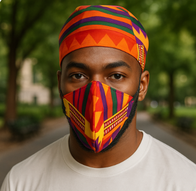 Bold Orange/Red Colorful Kente Print African Kufi Hat with Matching Mask