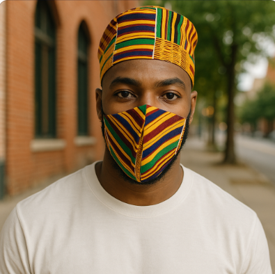Green/Yellow/Gold Style1 Kente Print African Kufi Hat with Matching Mask