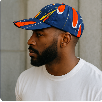Blue/Yellow African Print Baseball Cap with Matching Mask
