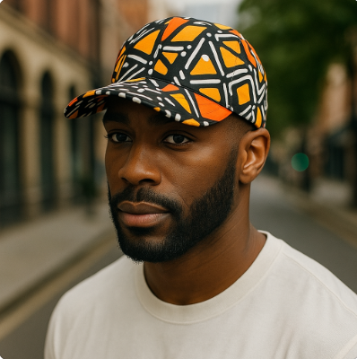 Orange/Black African Print Baseball Cap with Matching Mask