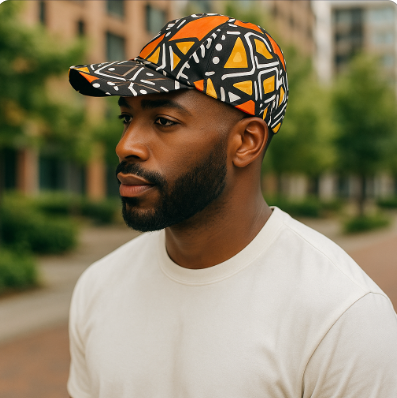 Orange/Black African Print Baseball Cap with Matching Mask