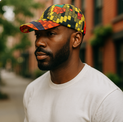 Checkered Multi-Color African Print Baseball Cap with Matching Mask
