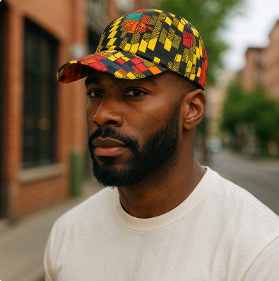 Checkered Multi-Color African Print Baseball Cap with Matching Mask