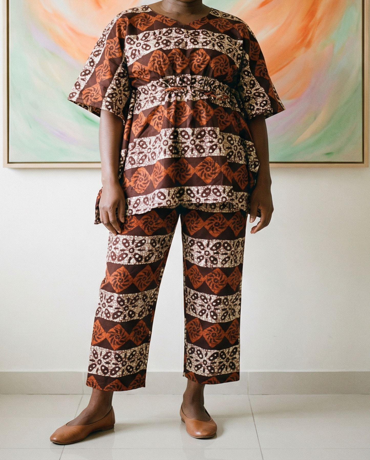 Women's 2-pc Brown/Cream African Print Waist Tie Top and Pants Set