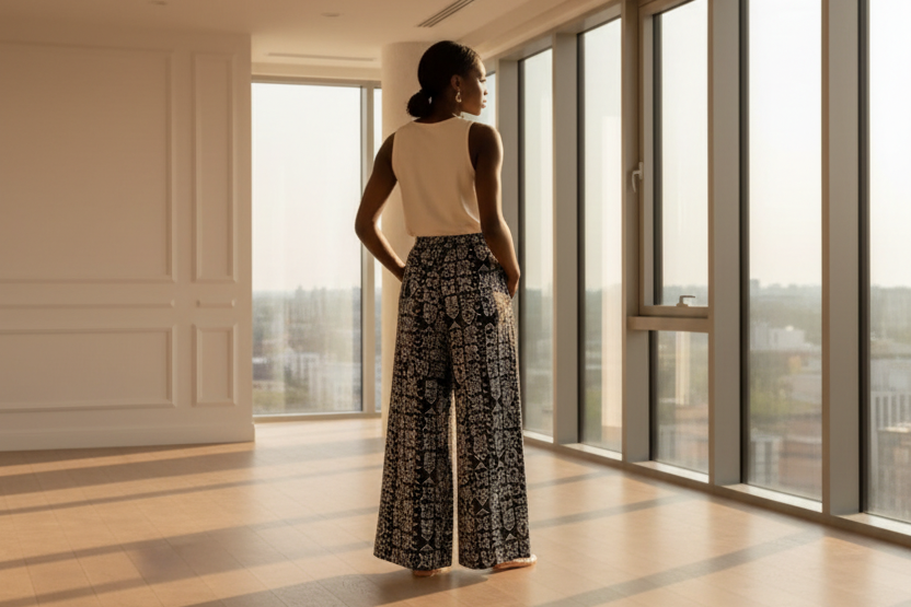 Black and White African Print Wide-Leg Palazzo Pants