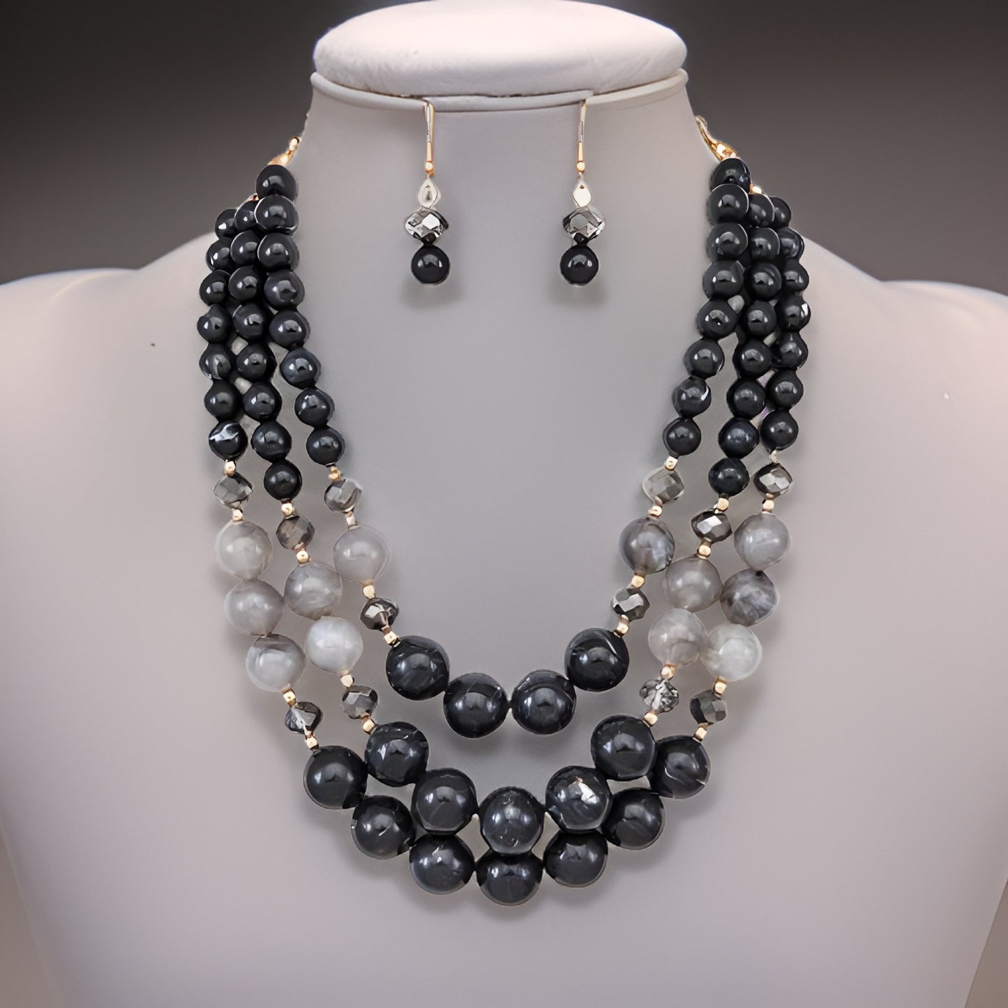 Two Tone Black Layered Beaded Necklace & Earring Set - Premium Fashion Jewelry from MAGOS - Just $16.99! Shop this and more Fashion Jewelry now