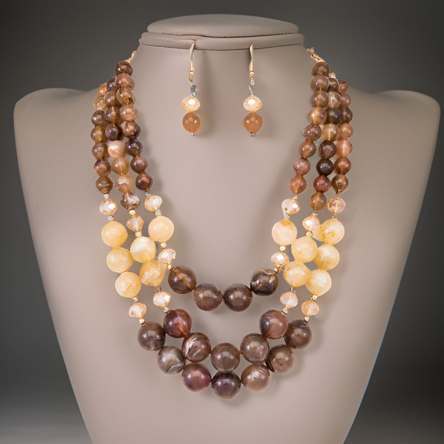 Two Tone Brown Layered Beaded Necklace & Earring Set - Premium Fashion Jewelry from MAGOS - Just $16.99! Shop this and more Fashion Jewelry now