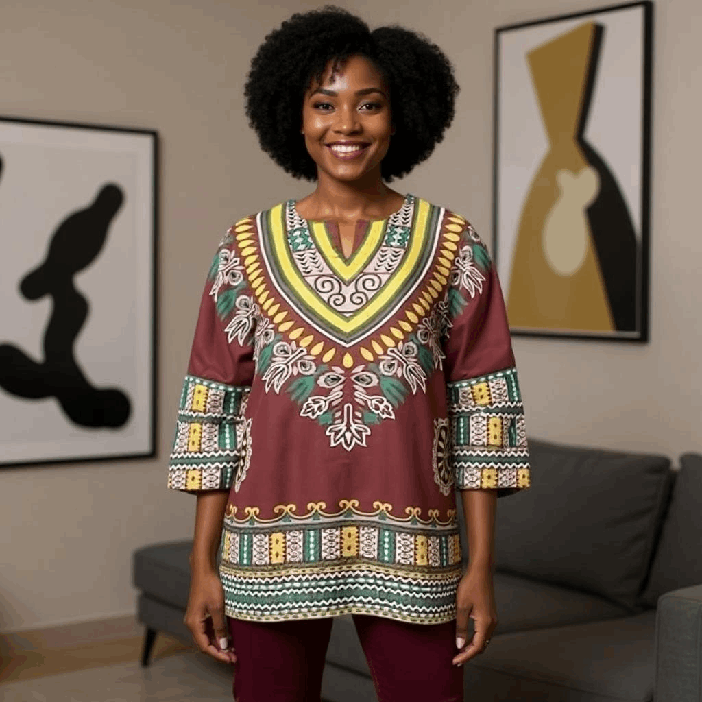 Unisex Burgundy African Print Dashiki with yellow, green, and white tribal patterns, V-neck design, and loose fit, ideal for cultural fashion wear.