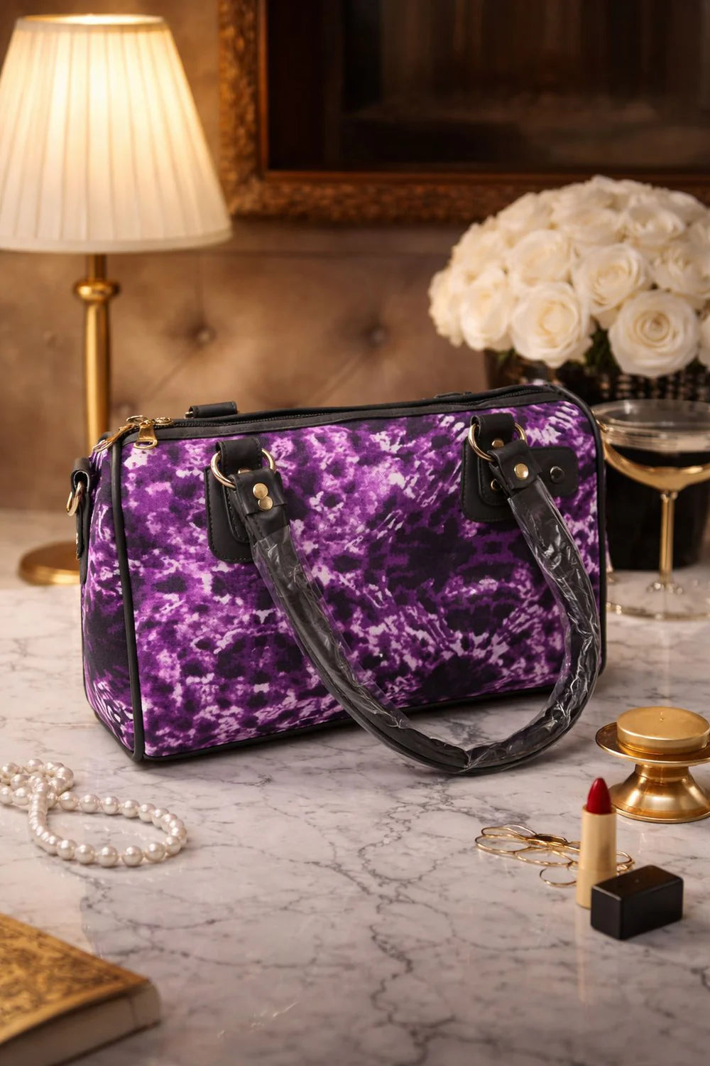 Women's Purple African Print Smocked Bubble Dress and Bag Set