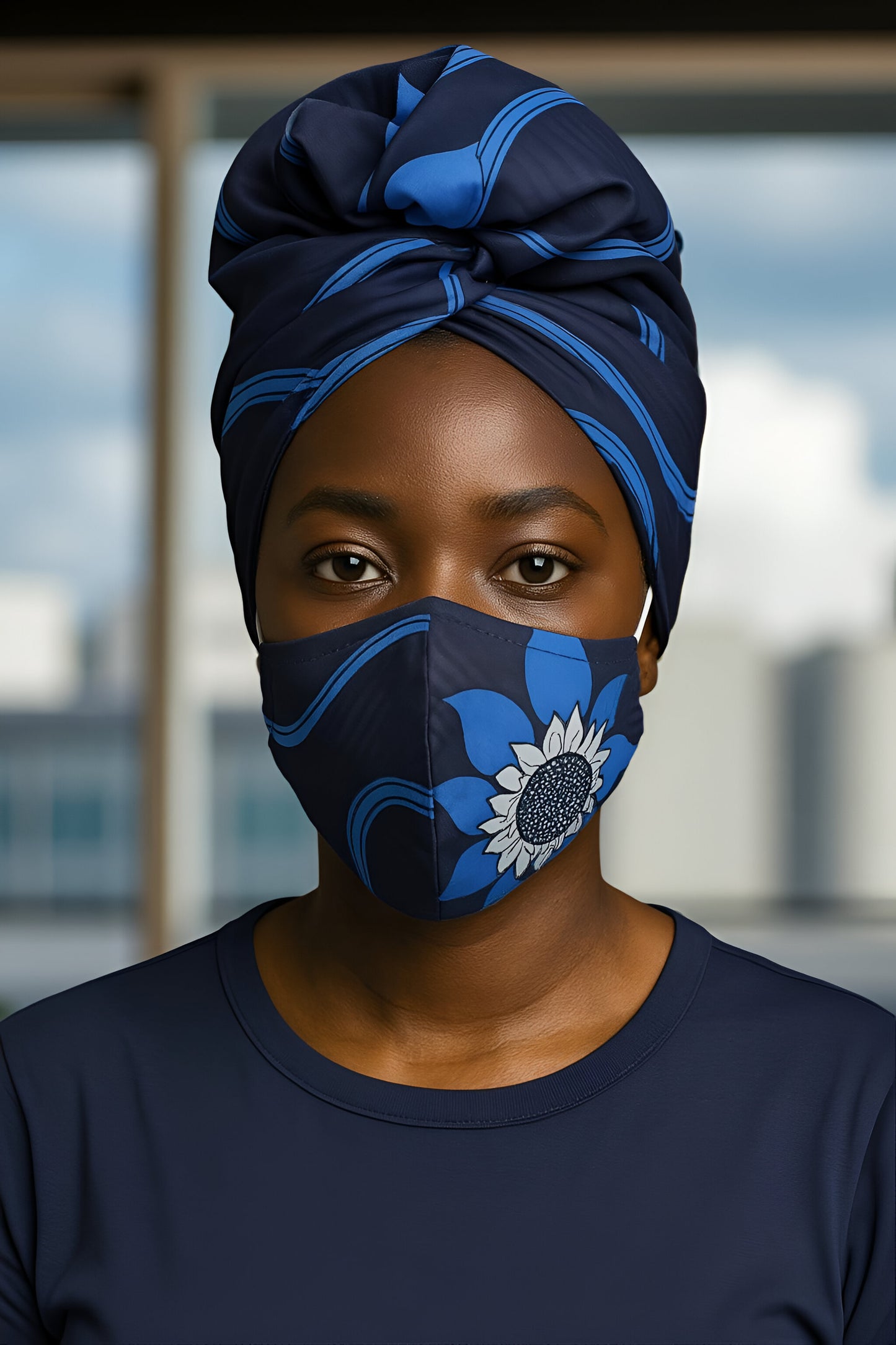 African Print Multi-Blue/White Tone Headwrap with Matching Mask