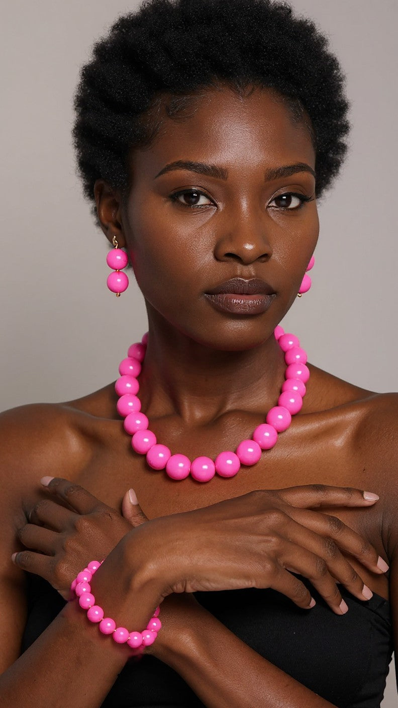 Beaded Round Marble Necklace, Bracelet and Earring Set