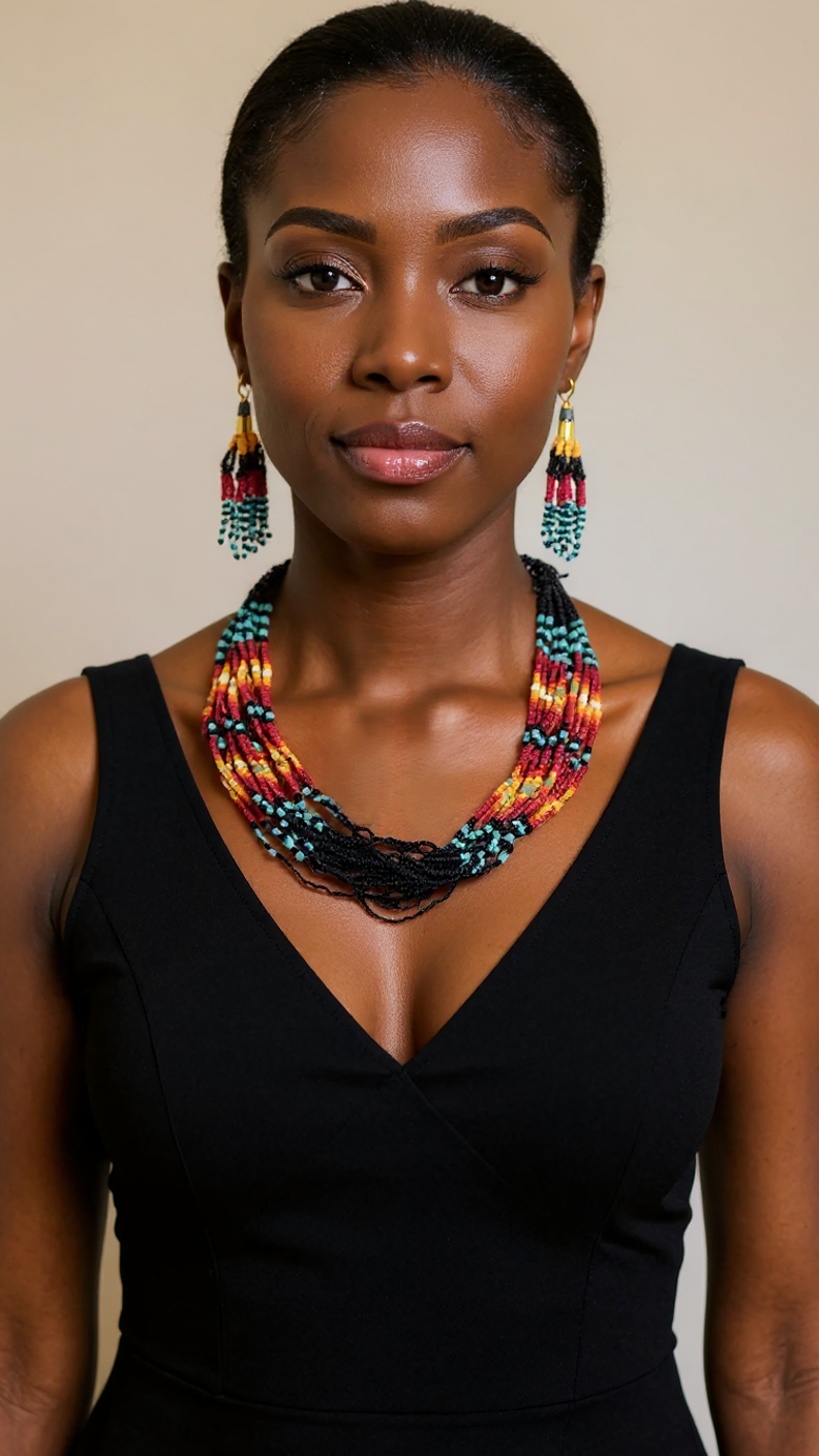 Native Style Beaded Multi Strand Layered Necklace Earring Set