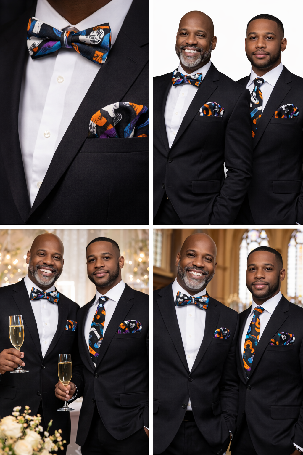 Midnight Abstract African Print Bow Tie & Necktie Set with Matching Pocket Square