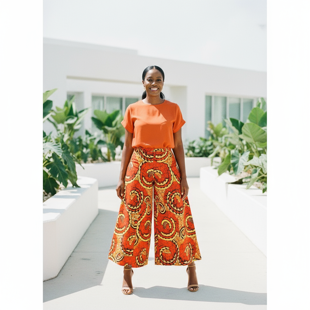 Women’s Orange, Yellow, and Black African Print Palazzo Pants