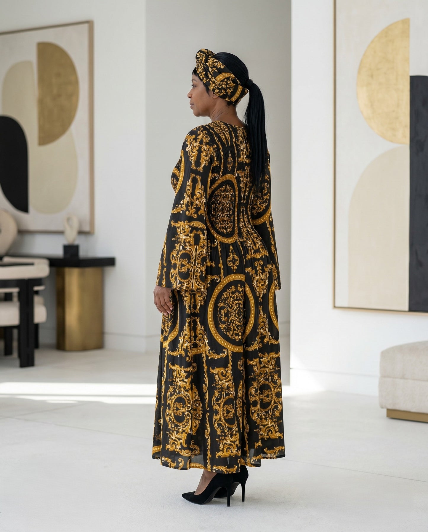 Royal Gold Baroque Print Maxi Dress with Flare Sleeves & Matching Headwrap