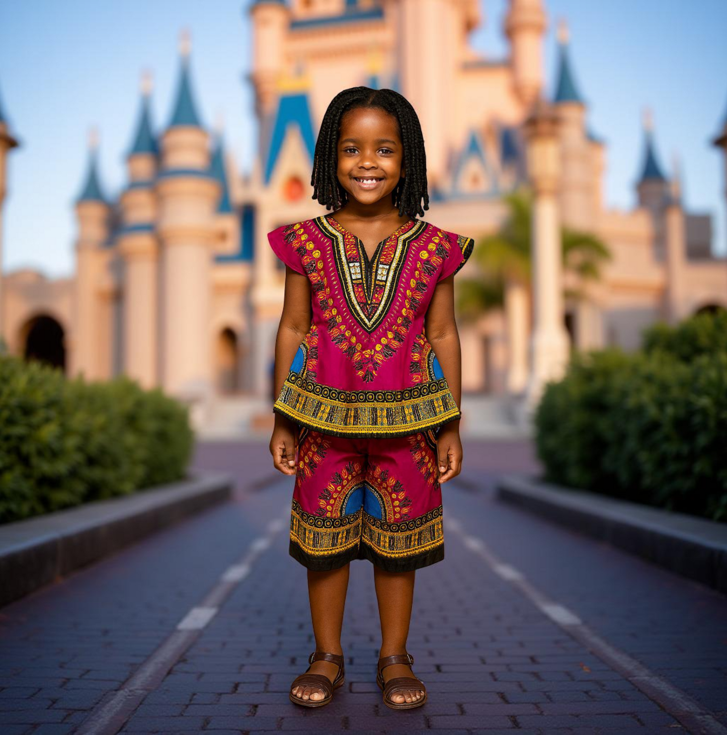Girls Elastic Waistband Dashiki Top and Shorts Set