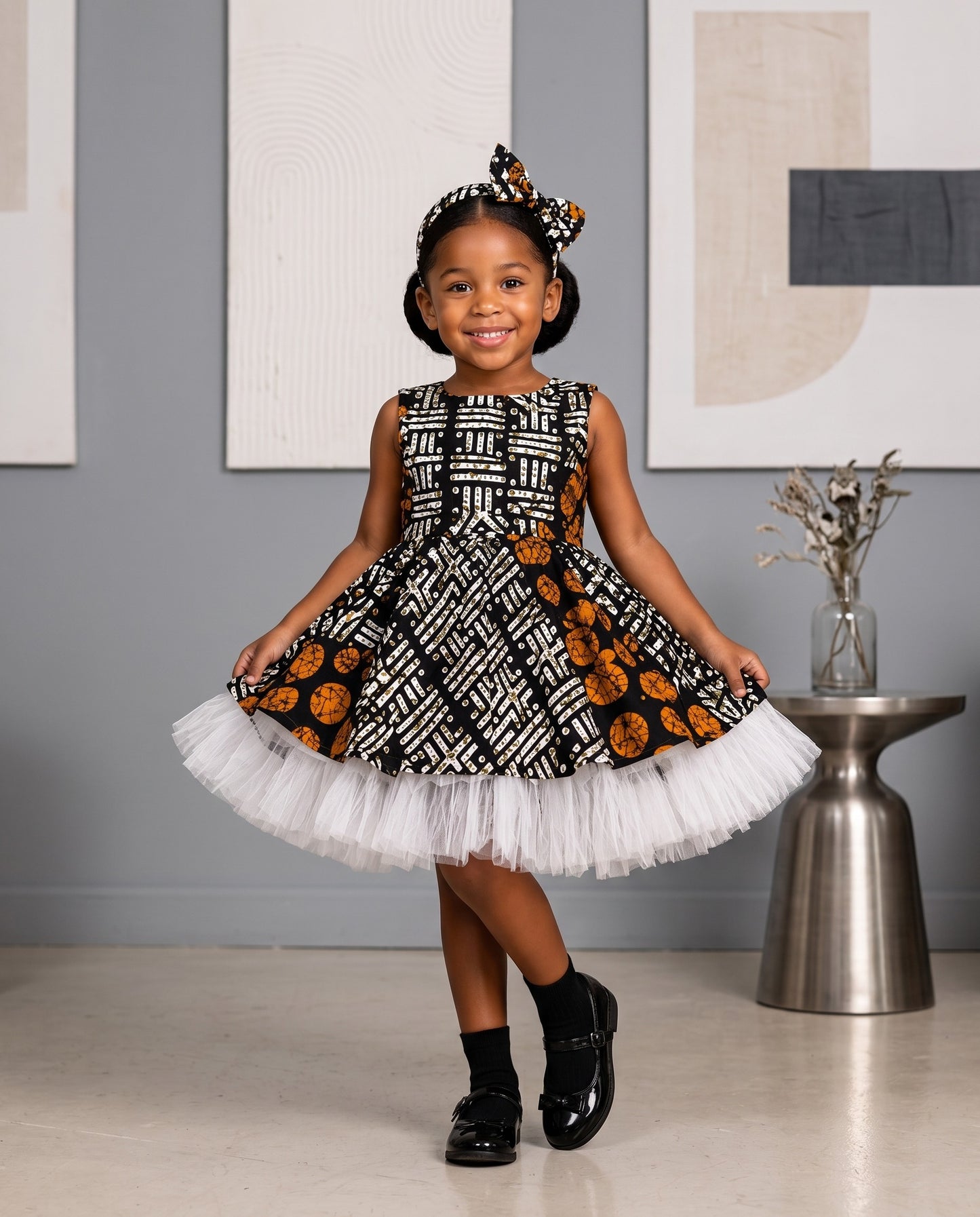 Girls Sleeveless Black White Frill Frock Tulle Overlay African Print Dress