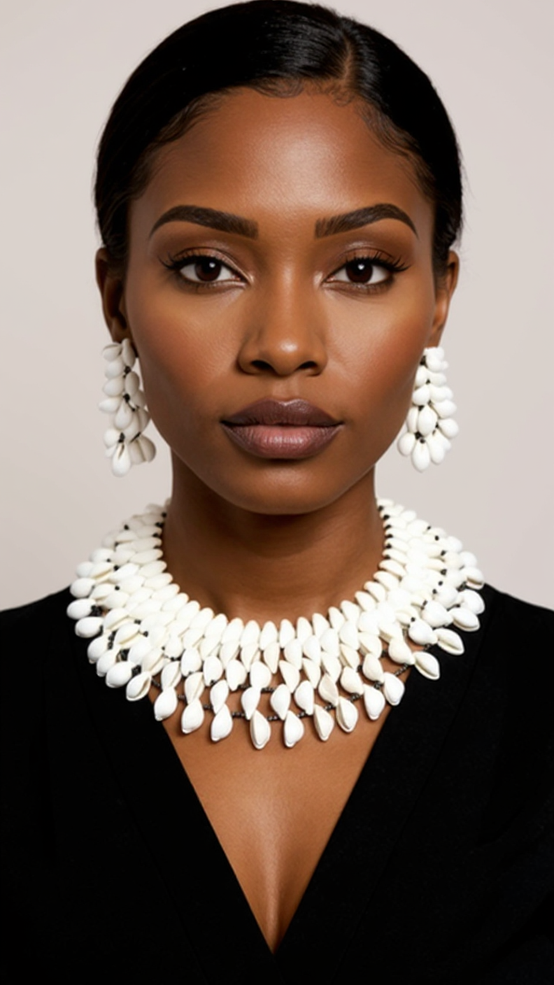 Layered Cowrie Shell Statement Collar Necklace & Earring Set