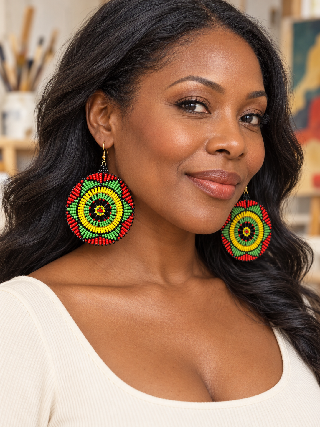 African Multicolor Round Beaded Statement Earrings – Red, Yellow, Green & Black