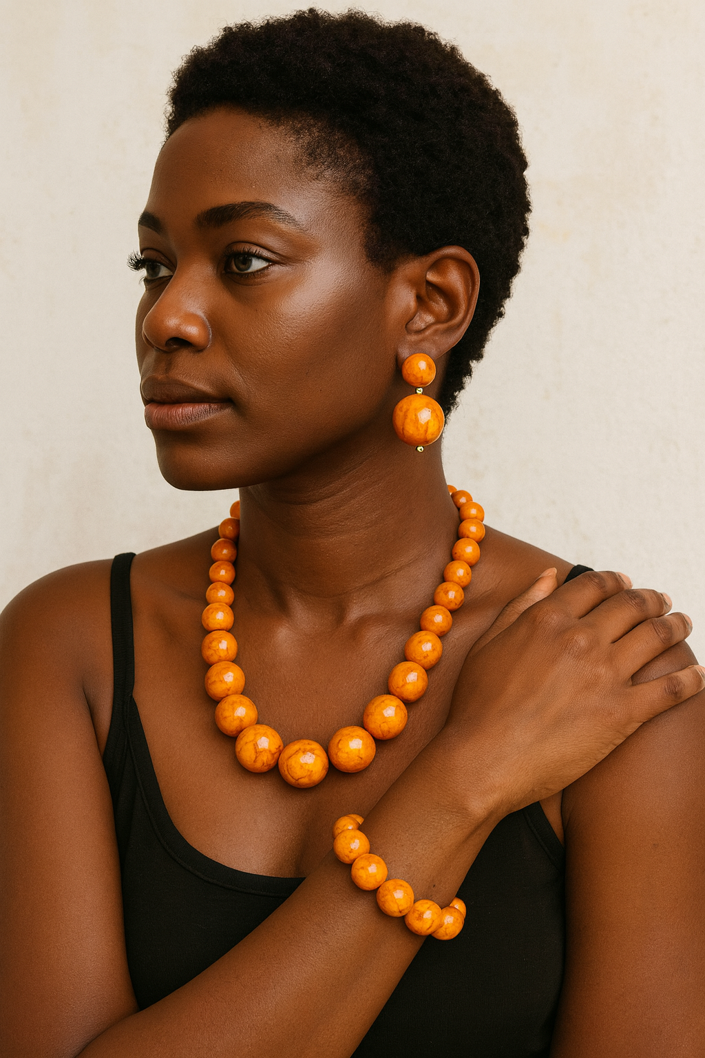 Beaded Round Marble Necklace, Bracelet and Earring Set