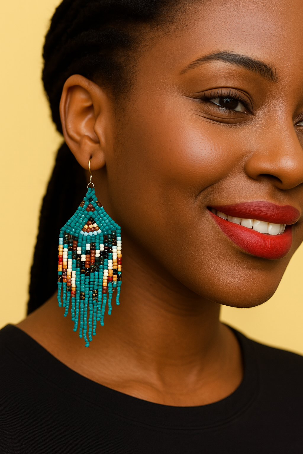 Native American Multicolor Beaded Long Drop Tassel Hook Earrings