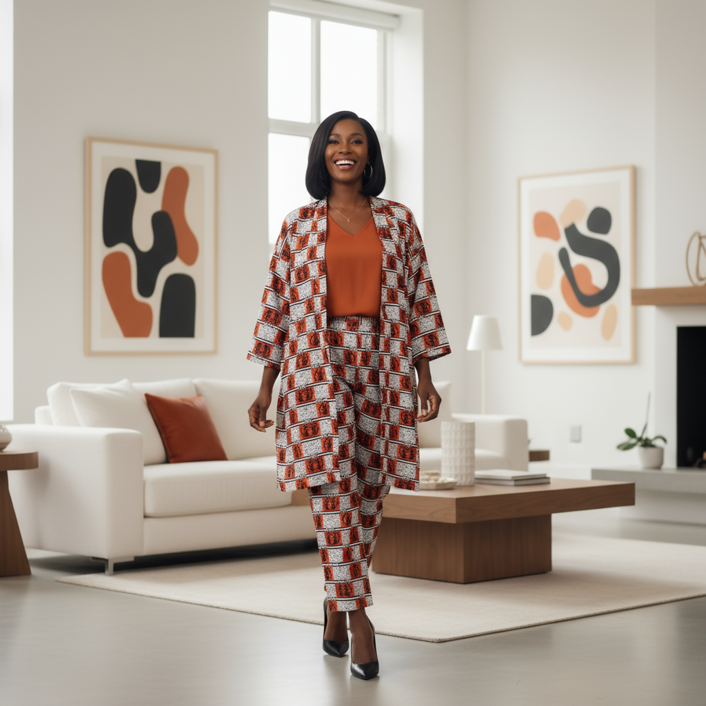 Women’s Orange, Black, and White African Print 3-Piece Pants Set