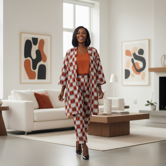 Women’s Orange, Black, and White African Print 3-Piece Pants Set