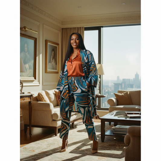 Women’s Blue, Orange, and White African Print 3-Piece Pants Set